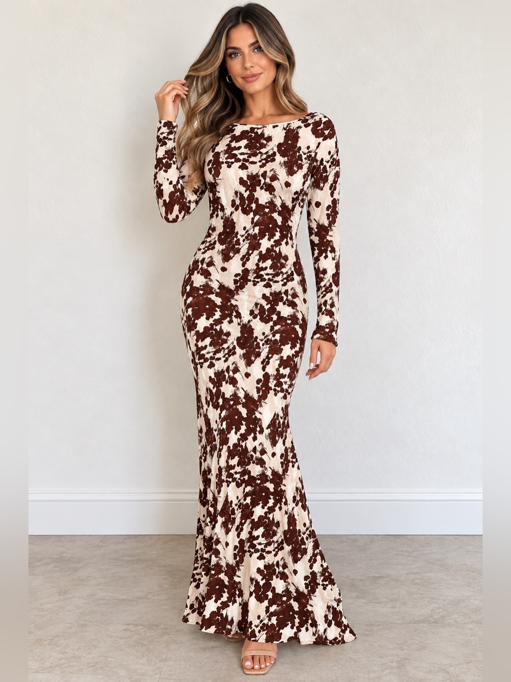 River Island Abstract leopard bodycon midi dress in brown